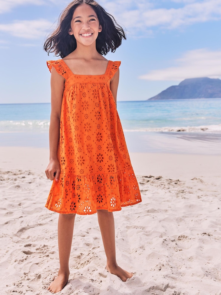 Lipsy Orange Broderie Ruffle Short Sleeve Tiered Trapeze Dress - Image 2 of 4