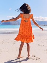 Lipsy Orange Broderie Ruffle Short Sleeve Tiered Trapeze Dress - Image 3 of 4
