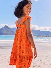 Lipsy Orange Broderie Ruffle Short Sleeve Tiered Trapeze Dress - Image 4 of 4