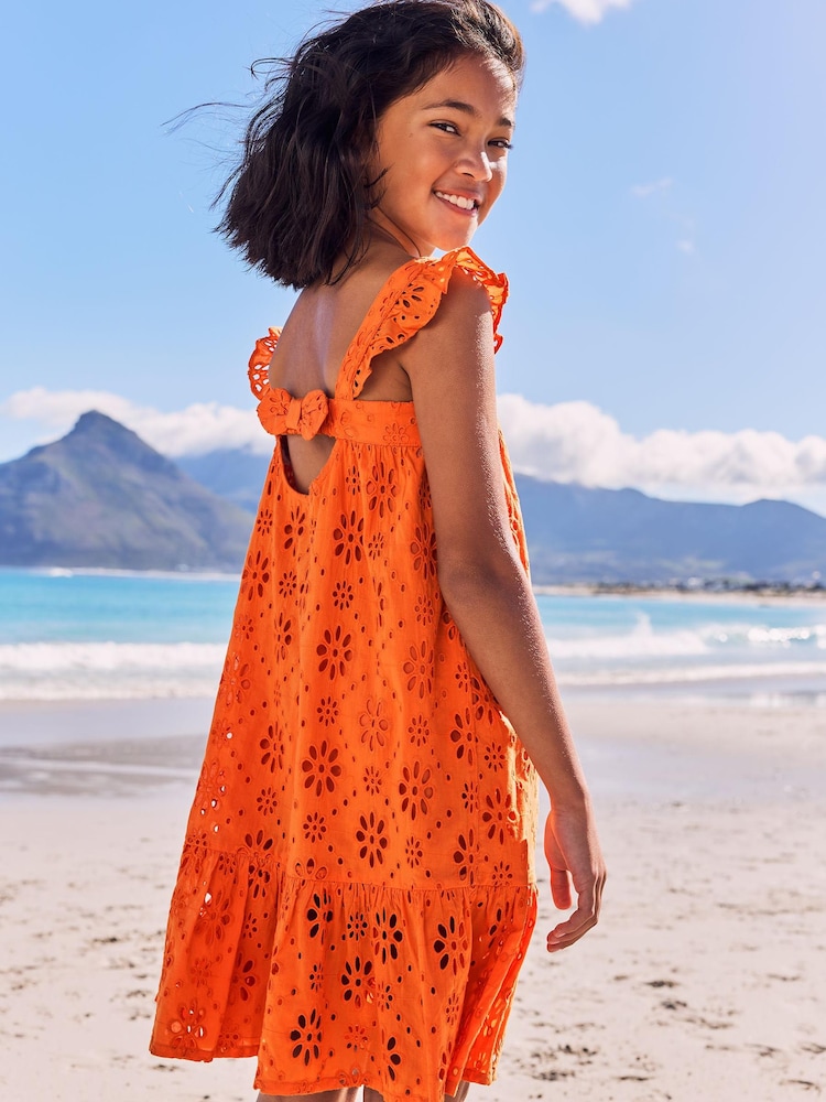 Lipsy Orange Broderie Ruffle Short Sleeve Tiered Trapeze Dress - Image 4 of 4