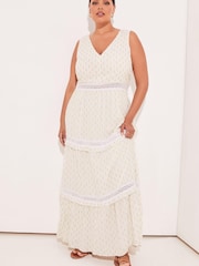 Lipsy Ivory White Curve Foil Printed Metallic V Neck Crochet Lace Trim Maxi Dress - Image 1 of 4