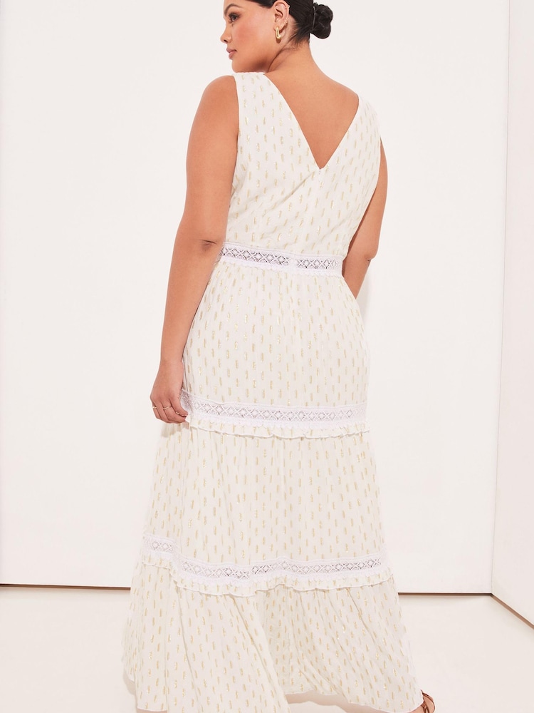 Lipsy Ivory White Curve Foil Printed Metallic V Neck Crochet Lace Trim Maxi Dress - Image 2 of 4