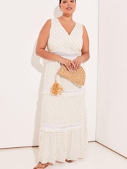 Lipsy Ivory White Curve Foil Printed Metallic V Neck Crochet Lace Trim Maxi Dress - Image 3 of 4