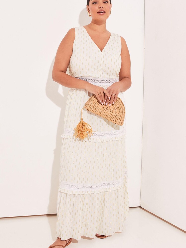 Buy Lipsy Ivory White Curve Foil Printed Metallic V Neck Crochet