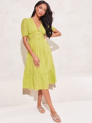 Lipsy Green Broderie V Neck Puff Sleeve Midi Summer Dress - Image 1 of 4
