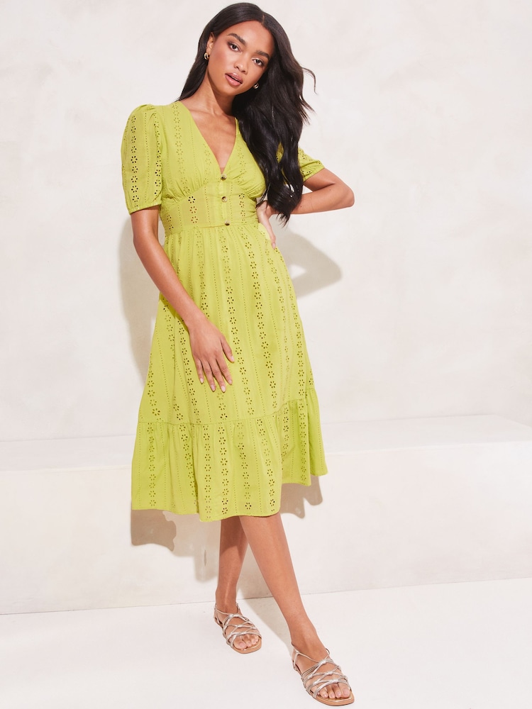 Lipsy Green Broderie V Neck Puff Sleeve Midi Summer Dress - Image 1 of 4
