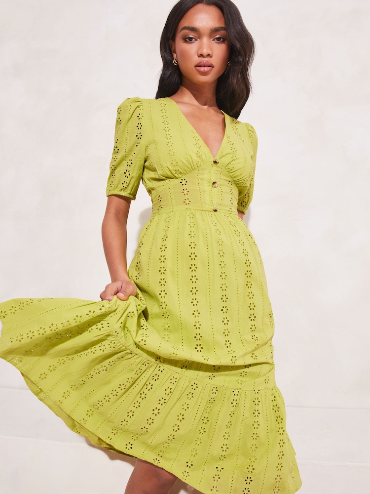 Lipsy Green Broderie V Neck Puff Sleeve Midi Summer Dress - Image 3 of 4