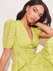 Lipsy Green Broderie V Neck Puff Sleeve Midi Summer Dress - Image 4 of 4