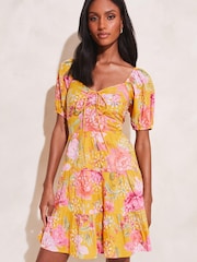 Lipsy Yellow Floral Broderie Ruched Sweatheart Puff Sleeve Tiered Mini Dress - Image 1 of 4