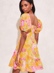 Lipsy Yellow Floral Broderie Ruched Sweatheart Puff Sleeve Tiered Mini Dress - Image 2 of 4