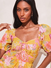 Lipsy Yellow Floral Broderie Ruched Sweatheart Puff Sleeve Tiered Mini Dress - Image 4 of 4