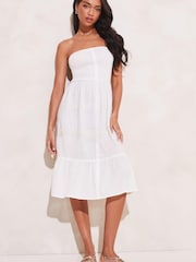 Lipsy White Bandeau Shirred Ruffle Tiered Dress - Image 1 of 4