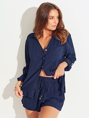 Pour Moi Blue Crinkle Viscose Gold Trim Beach Shirt - Image 1 of 3