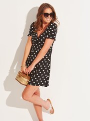Pour Moi Black Shirred Back Puff Sleeve Mini Beach Dress - Image 1 of 5