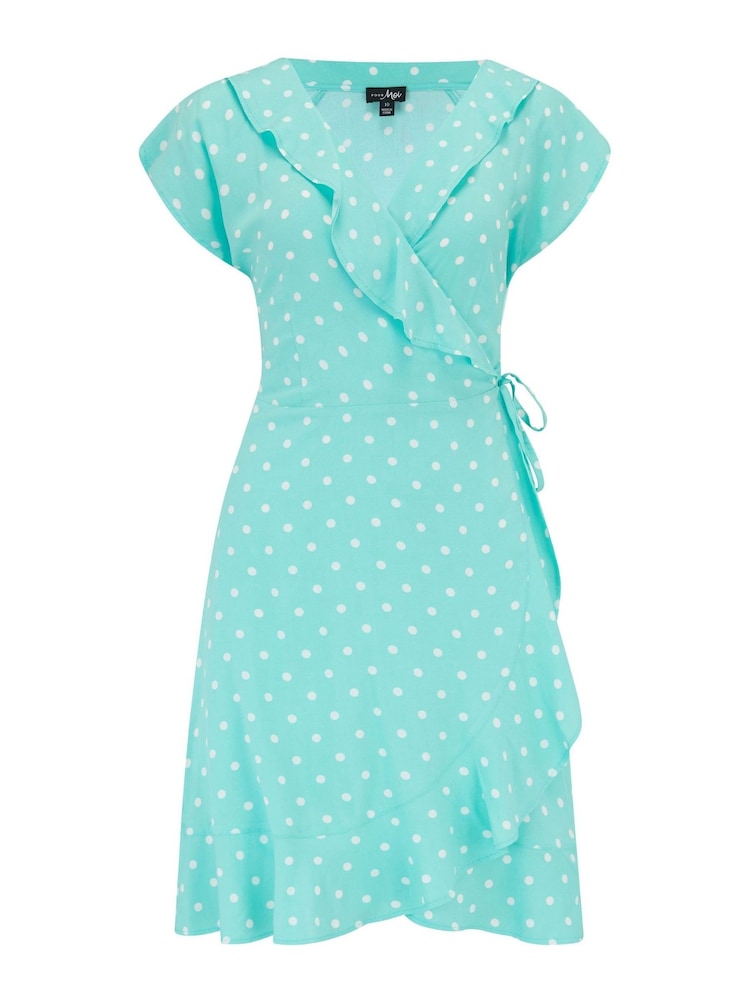 Pour Moi Green Mint Spot Woven Ecovero Frill Wrap Dress - Image 4 of 5