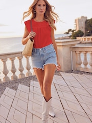 Friends Like These Red Ruffle Sleeveless Broderie Round Neck Top - Image 3 of 4