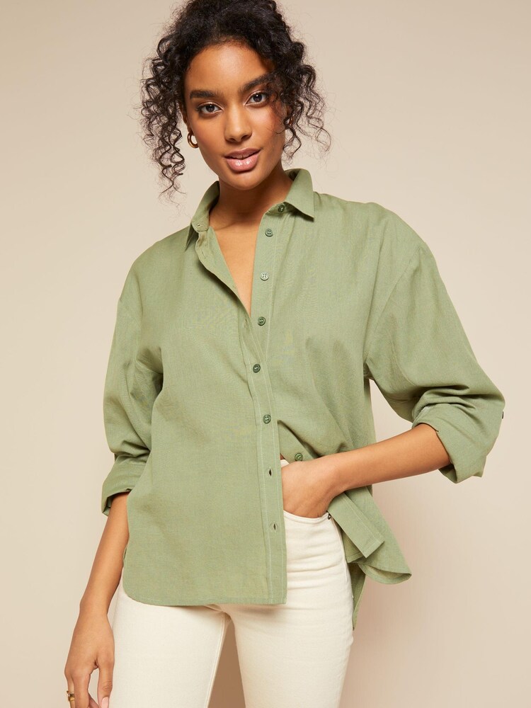Friends Like These Khaki Green Linen Look Button Through Long Sleeve Shirt - Image 1 of 4