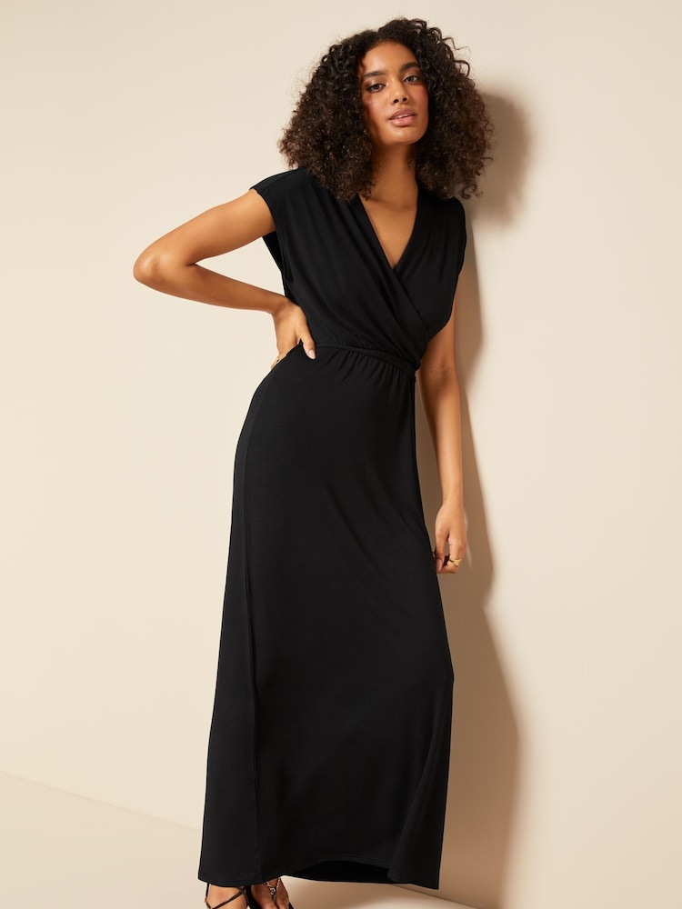 Schwarz - Friends Like These Kurzärmeliges, sommerliches Maxikleid mit Wickeldesign, V-Ausschnitt und Taillenschnürung - Image 3 of 4