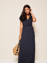 Friends Like These Navy Blue Short Sleeve Wrap V Neck Tie Waist Summer Maxi Dress - Image 1 of 4