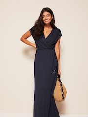 Friends Like These Navy Blue Short Sleeve Wrap V Neck Tie Waist Summer Maxi Dress - Image 2 of 4