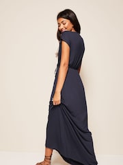 Friends Like These Navy Blue Short Sleeve Wrap V Neck Tie Waist Summer Maxi Dress - Image 3 of 4