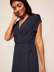 Friends Like These Navy Blue Short Sleeve Wrap V Neck Tie Waist Summer Maxi Dress - Image 4 of 4