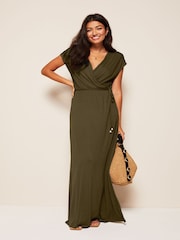 Friends Like These Khaki Green Short Sleeve Wrap V Neck Tie Waist Summer Maxi Dress - Image 1 of 4