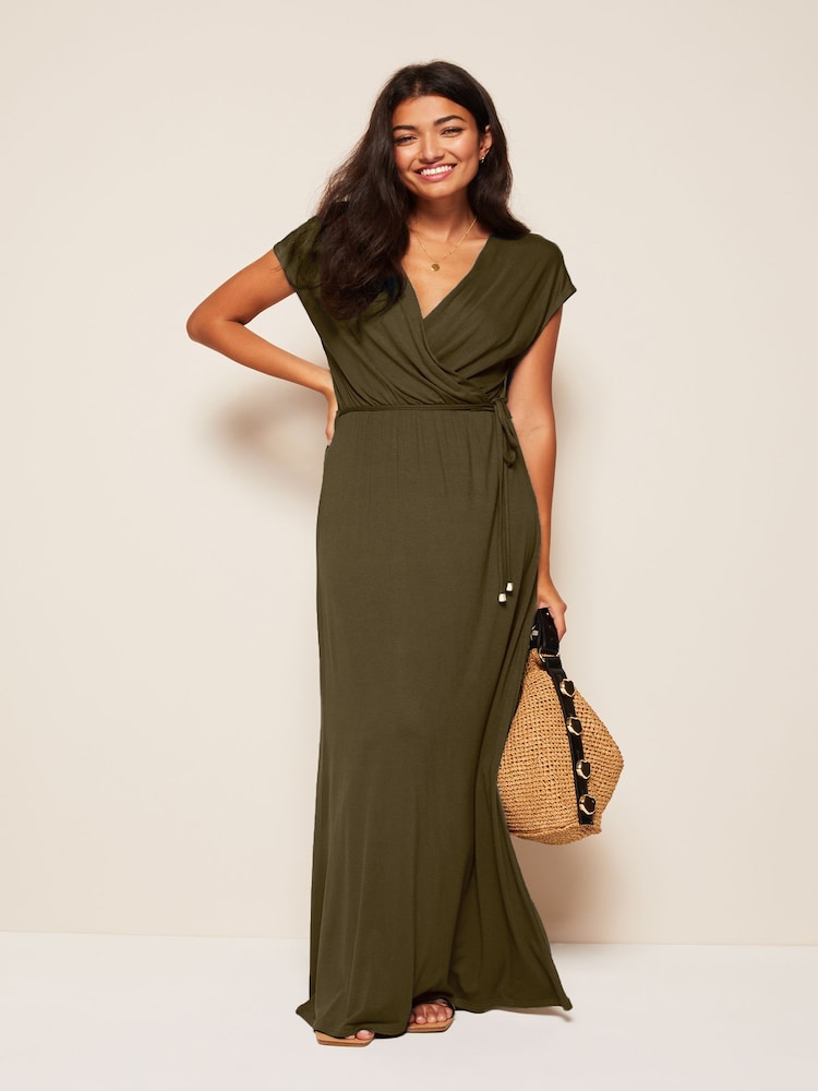 Friends Like These Khaki Green Short Sleeve Wrap V Neck Tie Waist Summer Maxi Dress - Image 1 of 4