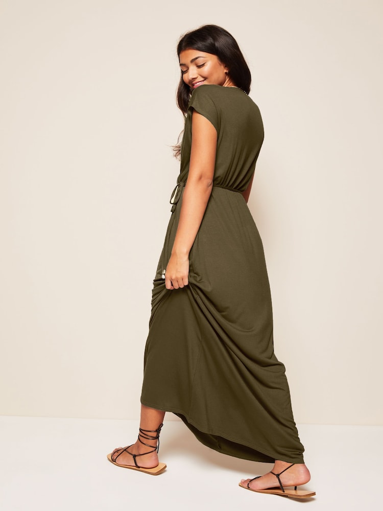 Friends Like These Khaki Green Short Sleeve Wrap V Neck Tie Waist Summer Maxi Dress - Image 2 of 4