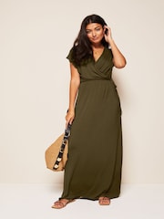 Friends Like These Khaki Green Short Sleeve Wrap V Neck Tie Waist Summer Maxi Dress - Image 3 of 4