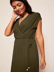 Friends Like These Khaki Green Short Sleeve Wrap V Neck Tie Waist Summer Maxi Dress - Image 4 of 4