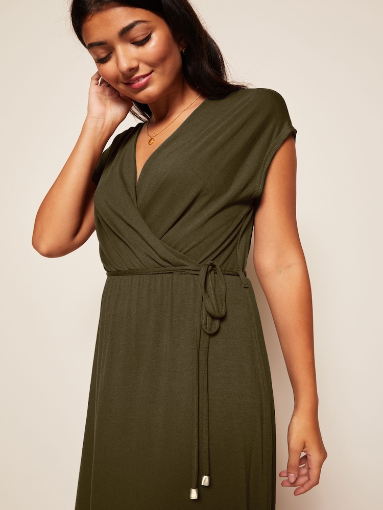 Friends Like These Khaki Green Short Sleeve Wrap V Neck Tie Waist Summer Maxi Dress - Image 4 of 4