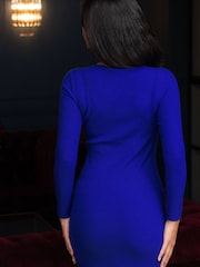 Pour Moi Blue Layla Rib Knit V Neck Bodycon Mini Dress - Image 3 of 5