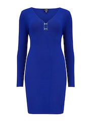 Pour Moi Blue Layla Rib Knit V Neck Bodycon Mini Dress - Image 4 of 5