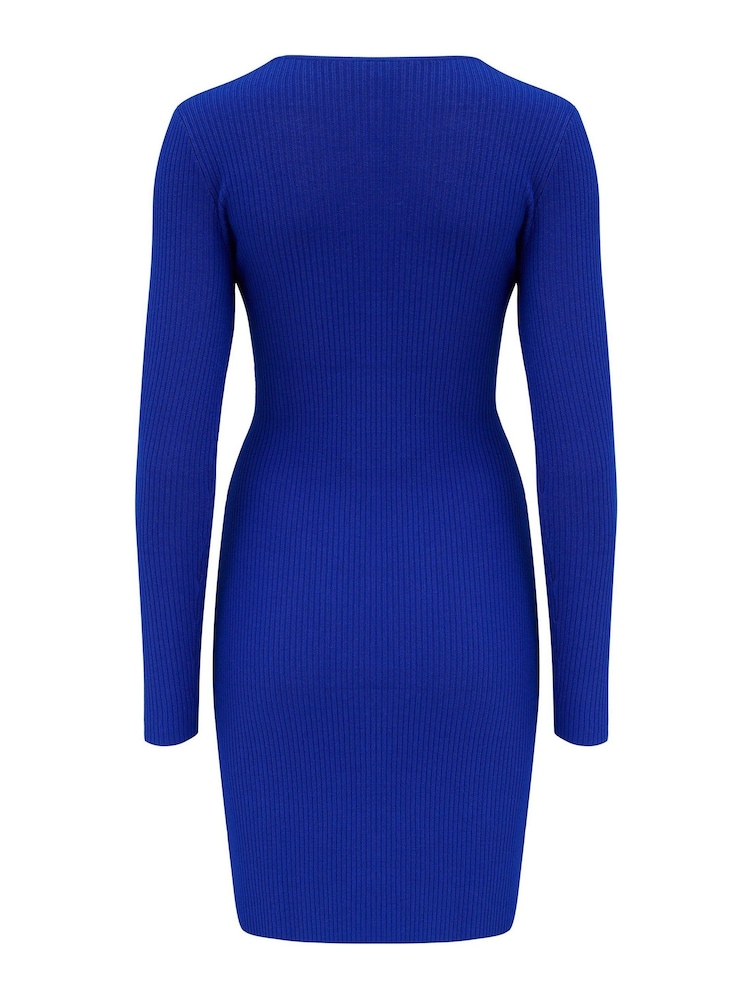 Pour Moi Blue Layla Rib Knit V Neck Bodycon Mini Dress - Image 5 of 5