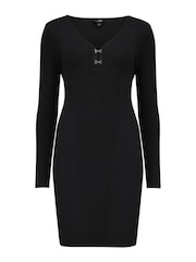 Pour Moi Black Layla Rib Knit V Neck Bodycon Mini Dress - Image 4 of 5