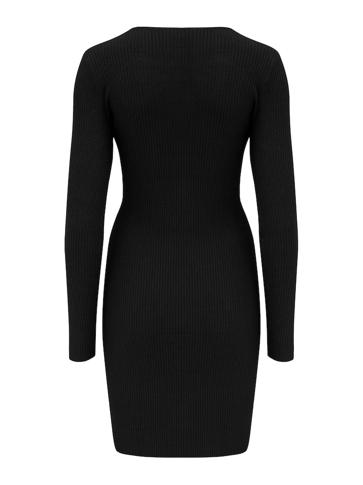 Pour Moi Black Layla Rib Knit V Neck Bodycon Mini Dress - Image 5 of 5
