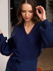 Pour Moi Navy Blue Elle Knit Ballet Wrap Top - Image 1 of 5