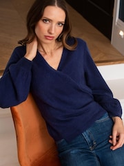 Pour Moi Navy Blue Elle Knit Ballet Wrap Top - Image 2 of 5