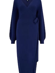 Pour Moi Blue Elle Knit Midi Wrap Dress - Image 4 of 5