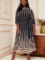 Love & Roses Black and White Spot Curve 3/4 Sleeve Printed Pleated Belted Midi Dress - Image 1 of 4