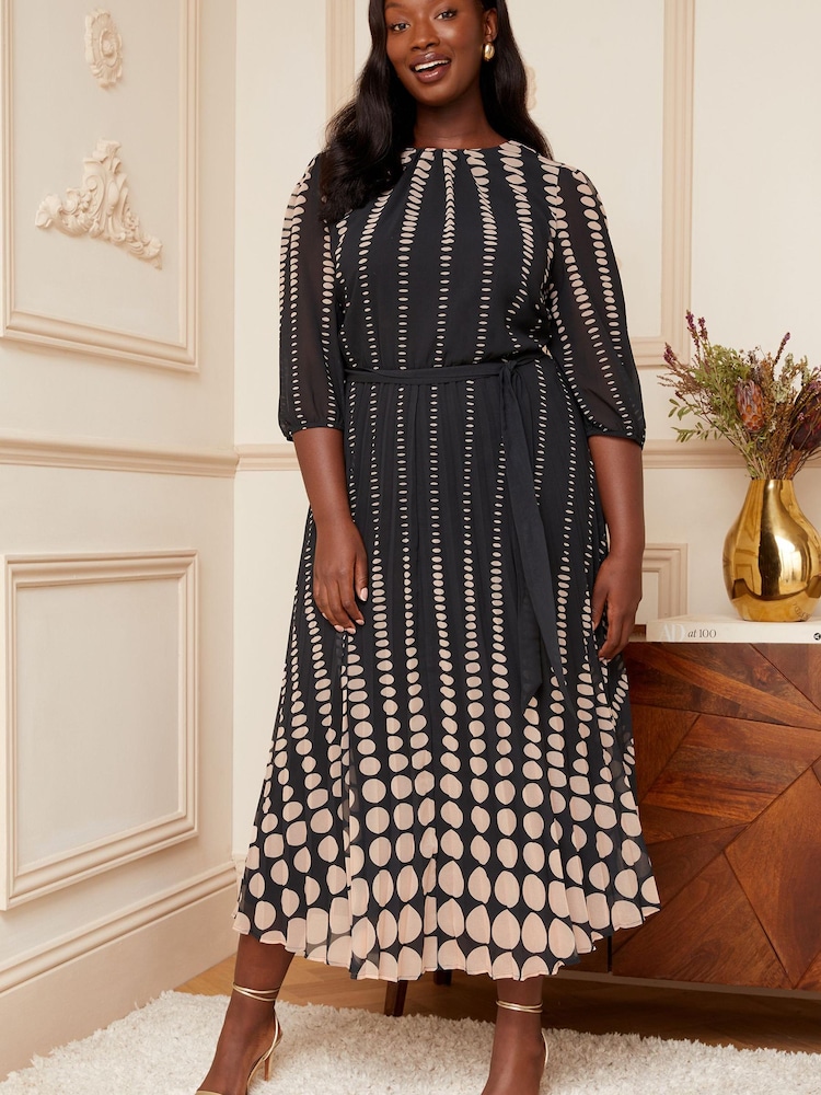Love & Roses Black and White Spot Curve 3/4 Sleeve Printed Pleated Belted Midi Dress - Image 1 of 4 Love & Roses Black and White Spot Curve 3/4 Sleeve Printed Pleated Belted Midi Dress - Image 1 of 4