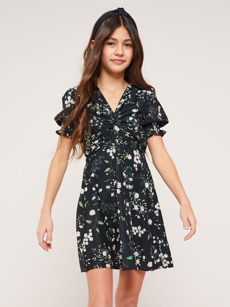 Lipsy Black Floral Knot Front Mini Dress - Image 1 of 4