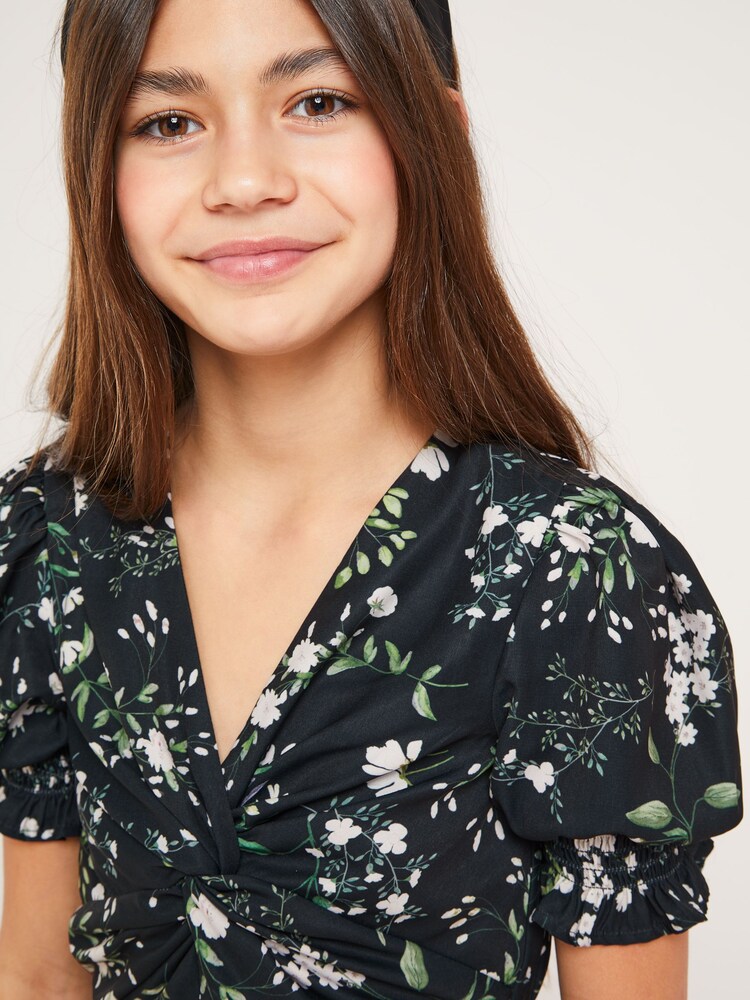 Lipsy Black Floral Knot Front Mini Dress - Image 4 of 4