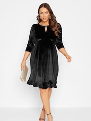 Yours Curve Black Velvet Key Hole Dress - Image 1 of 4