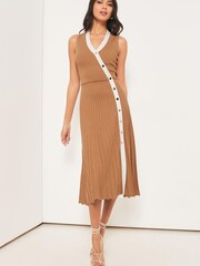 Lipsy Camel Sleeveless Ribbed Pleated Knitted Dress - Image 1 of 4