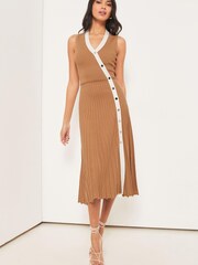 Lipsy Camel Petite Sleeveless Ribbed Pleated Knitted Dress - Image 1 of 4