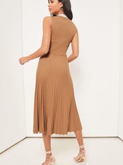 Lipsy Camel Petite Sleeveless Ribbed Pleated Knitted Dress - Image 2 of 4