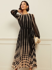 Love & Roses Mono Spot Printed Belted Pleated Long Sleeve Midi Dress - Image 1 of 4