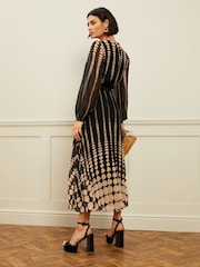 Love & Roses Mono Spot Printed Belted Pleated Long Sleeve Midi Dress - Image 3 of 4
